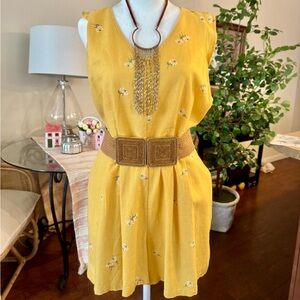 Women’s Yellow Linen romper with cinched waist, some ruffle detail, Size Medium
